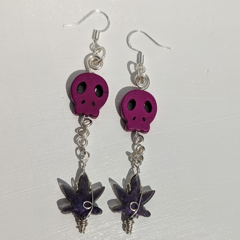 Purple Skull 420 Leaf Earrings Handmade Resin Halloween Silver Smoke lightweight